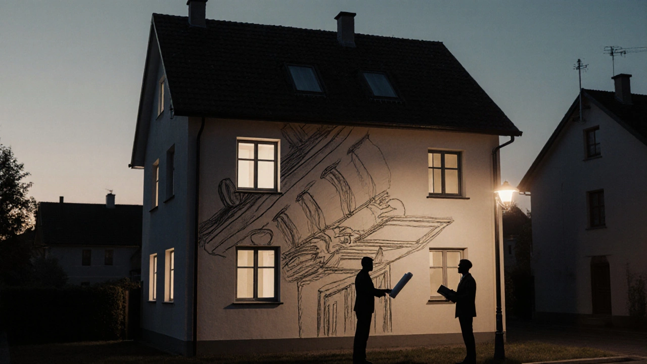 Starý architektonický náčrt se prolíná s reálným domem v české čtvrti ve večerním světle.