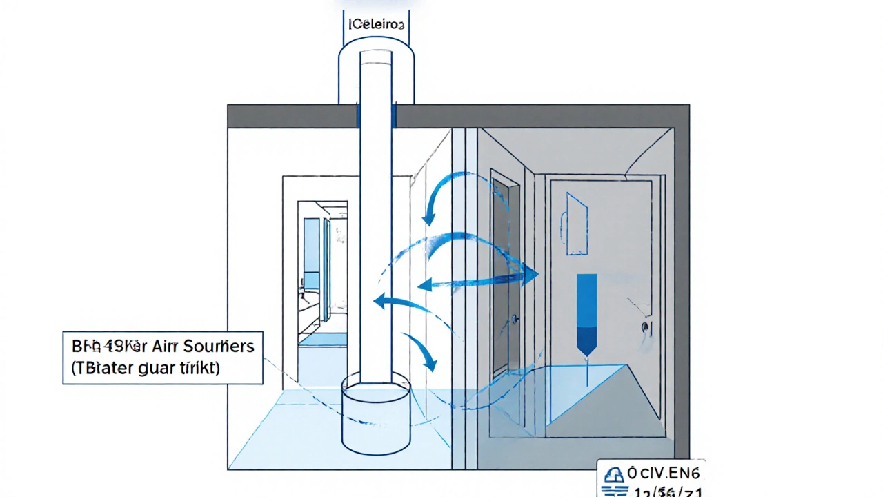 Technický nákres proudění vzduchu v bytě podle českých norem pro větrání.
