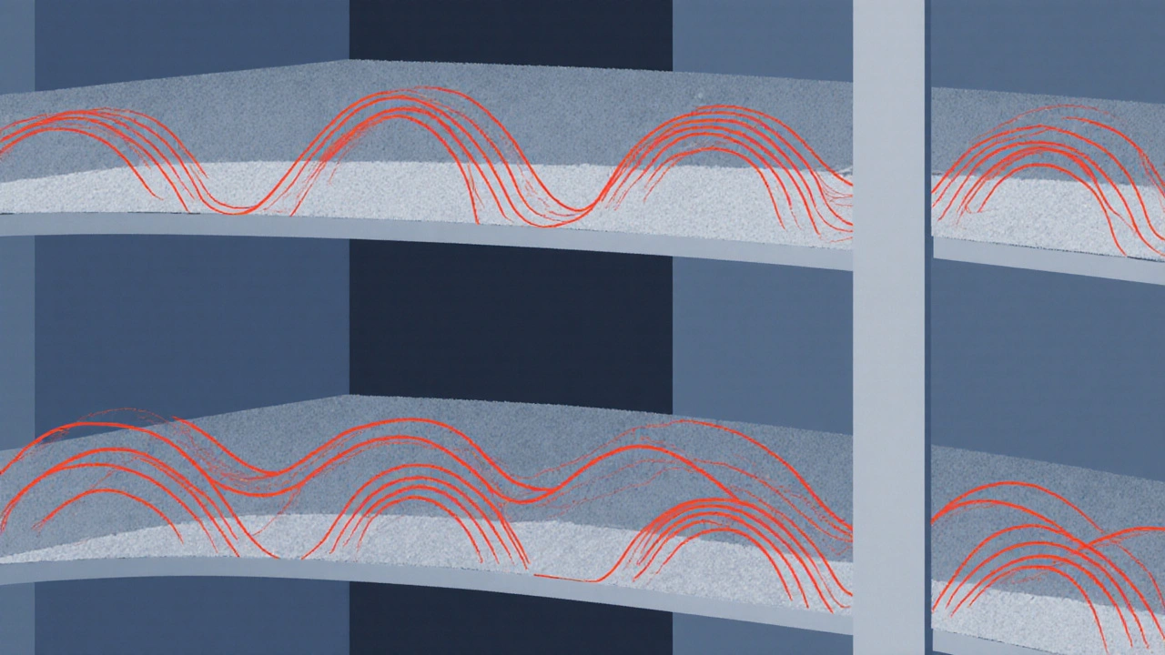 Zvukové vlny pohlcovány kobercem v paneláku, s porovnáním hluku na tvrdé podlaze.