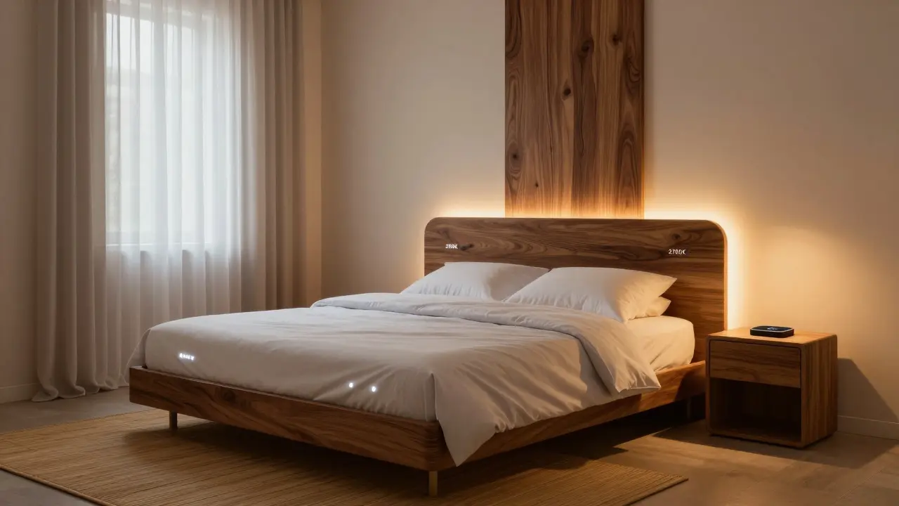 Budoucí ložnice s inteligentními materiály a jemně regulovaným osvětlením.