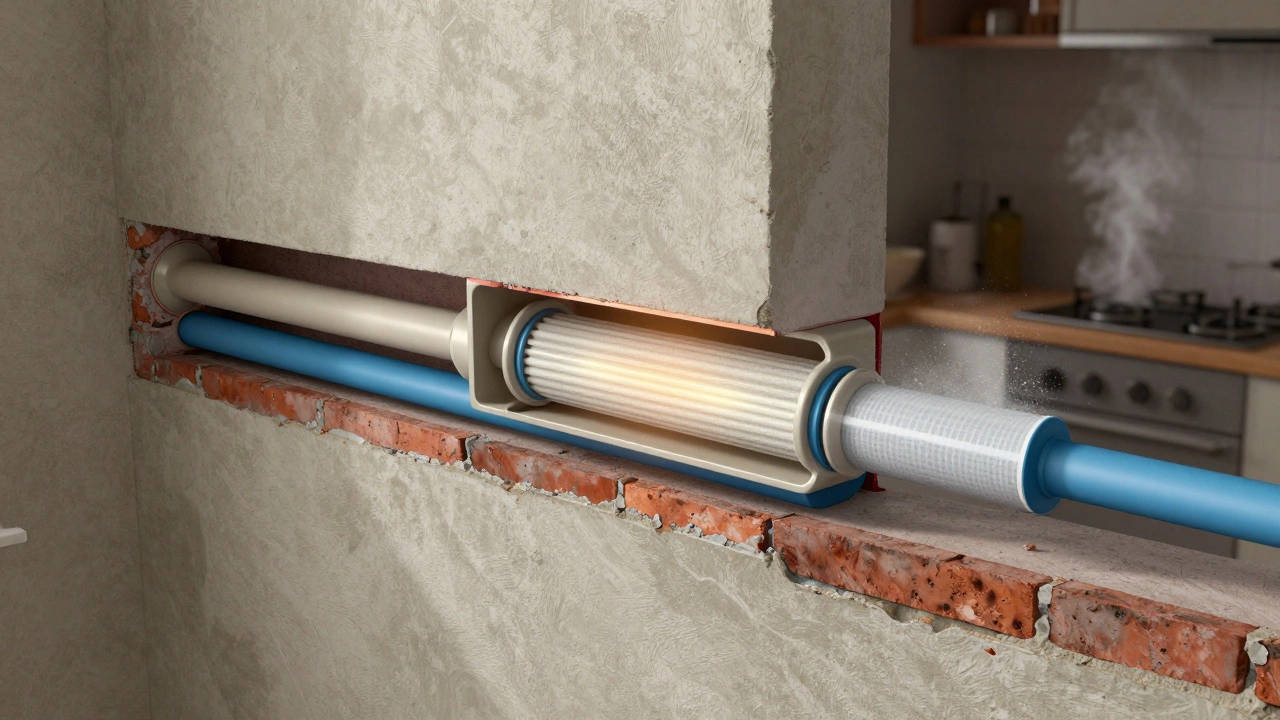 Decentrální jednotka rekuperace v zdi starého bytu s viditelným výměníkem tepla a filtry.