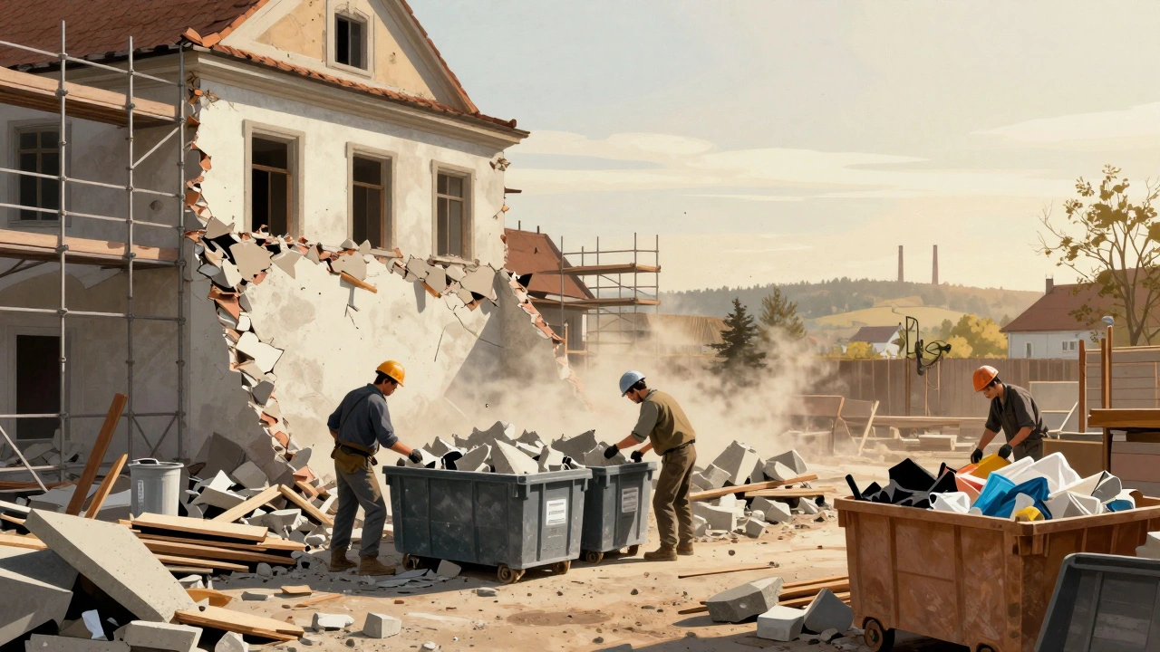Demolice starého domu: dělníci třídí stavební odpad a zachovávají původní fasádu v Česku.