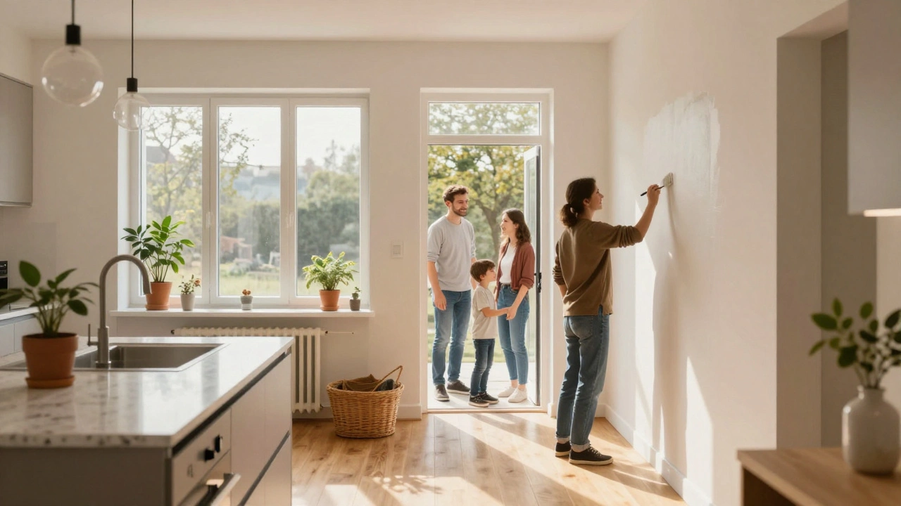 Dokončený interiér nově rekonstruovaného domu s dřevěným podlahou a slunečním světlem v Česku.