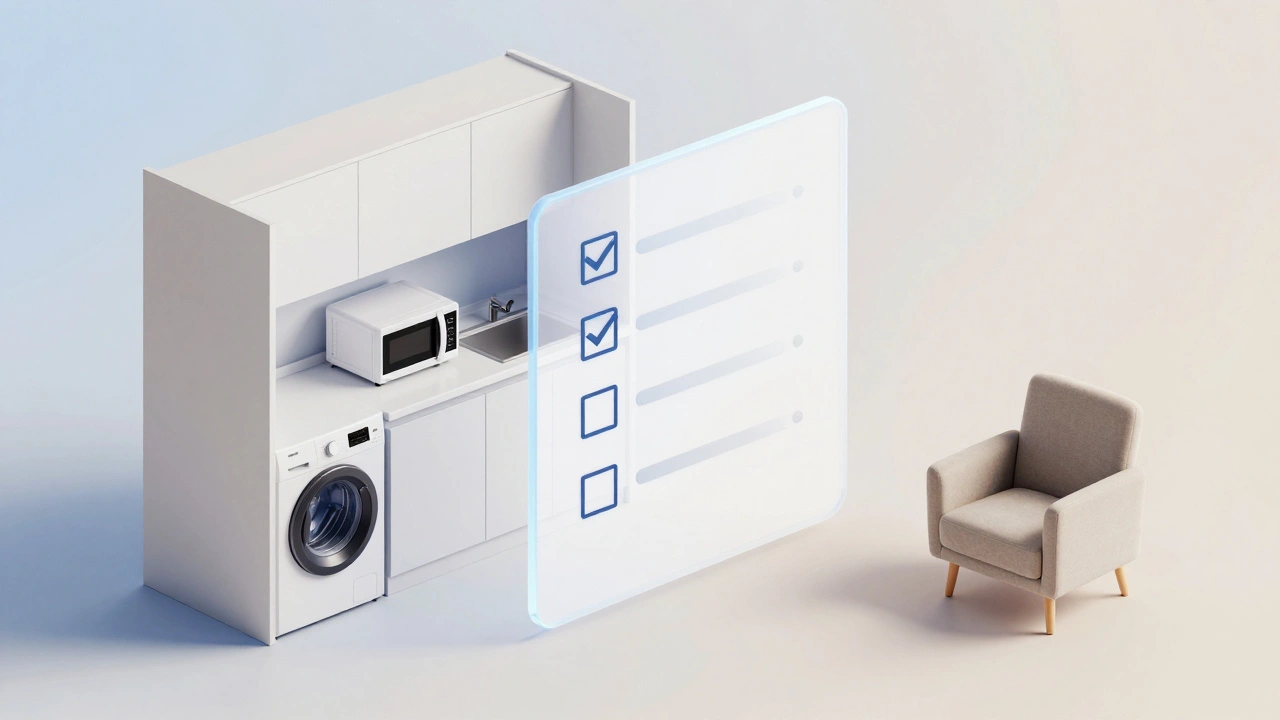 Hybridní byt: kuchyně s spotřebiči na jedné straně, prázdný prostor s vlastním nábytkem na druhé.