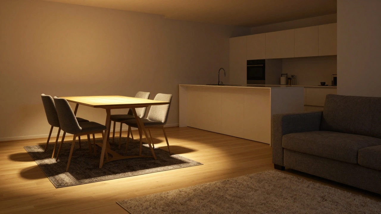 Kombinace koberce a osvětlení v otevřeném bytě: světelný kruh kolem koberce a ostrůvek jako předěl.