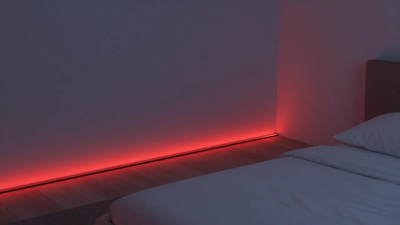 Ložnice s jemným červeným osvětlením podél podlahy, v klidné, moderní atmosféře.