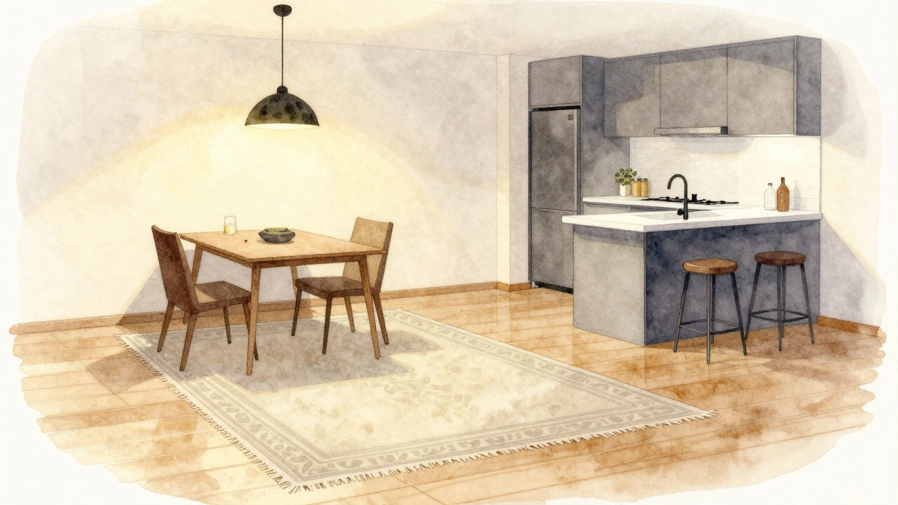 Malý byt s jedním celistvým kobercem a vrstveným textilním kobercem na něm, s jemným osvětlením.