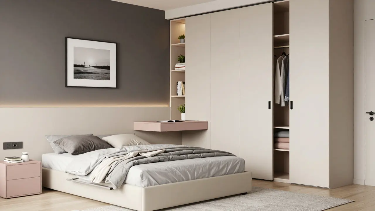 Moderní nábytek v malé ložnici: postel s uložením, skládací stůl a přírodní materiály.