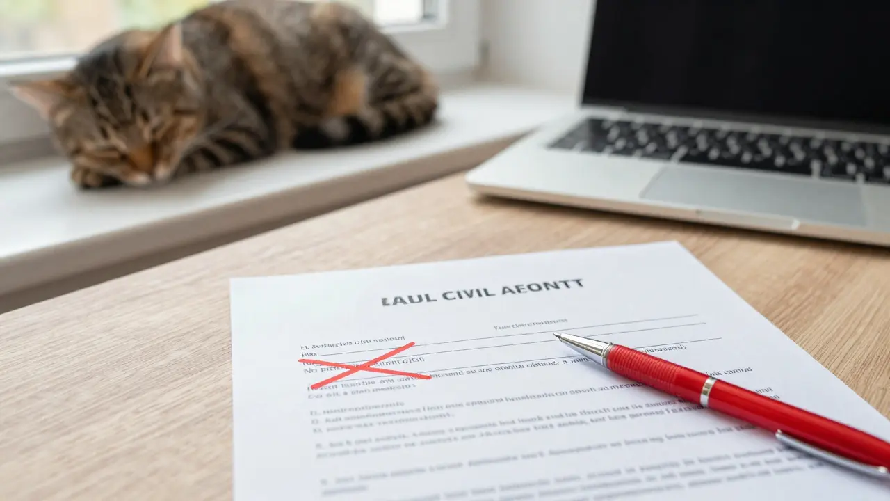 Nájemní smlouva s přeškrtnutými neplatnými podmínkami a kočkou na okně.