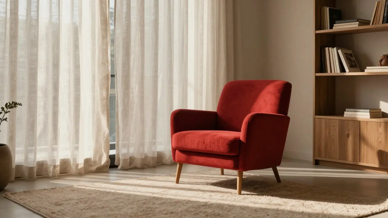 Obývací pokoj s neutrálními tóny a jedním červeným křeslem jako akcentem, ve večerním světle.