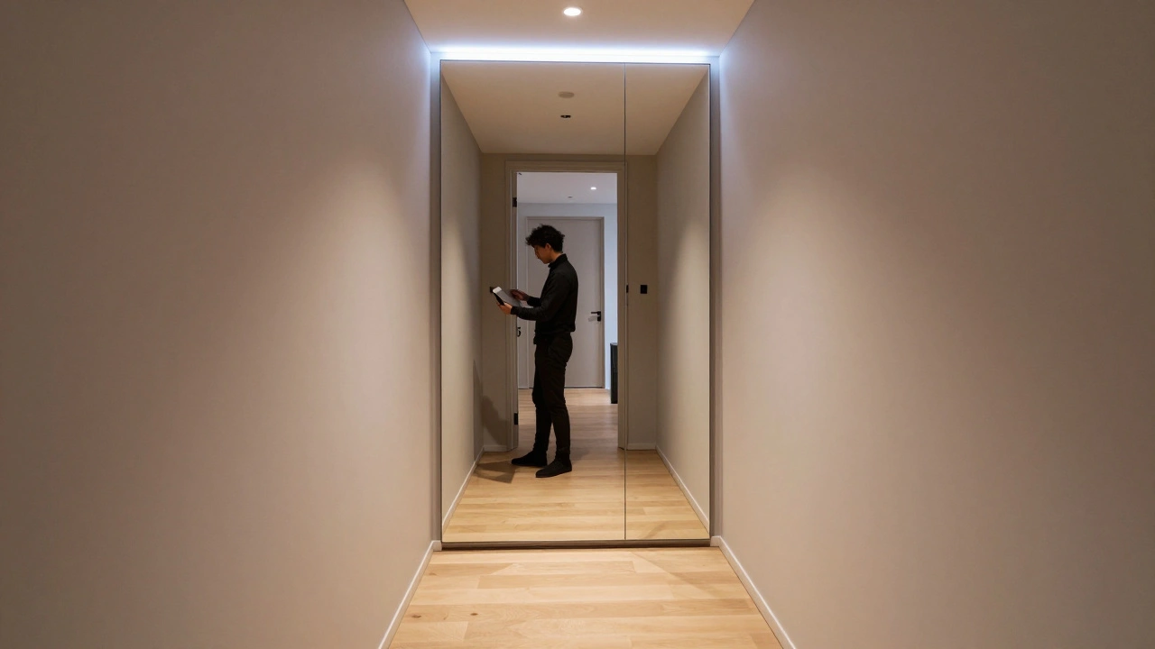 Osoba se dívá do zrcadla na skříni s integrovaným LED osvětlením.