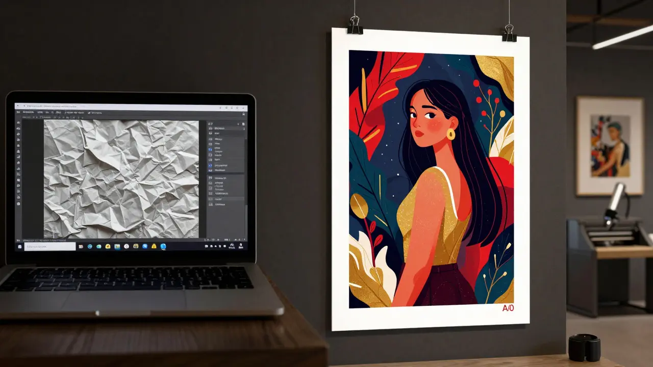 Porovnání nízké kvality obrázku na monitoru a vysokokvalitního tisku v galerii.