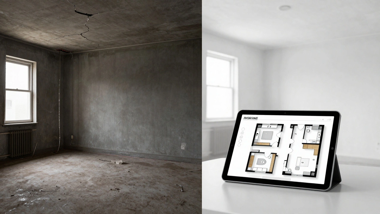 Porovnání špatného a připraveného bytu s 3D prohlídkou na tabletu.