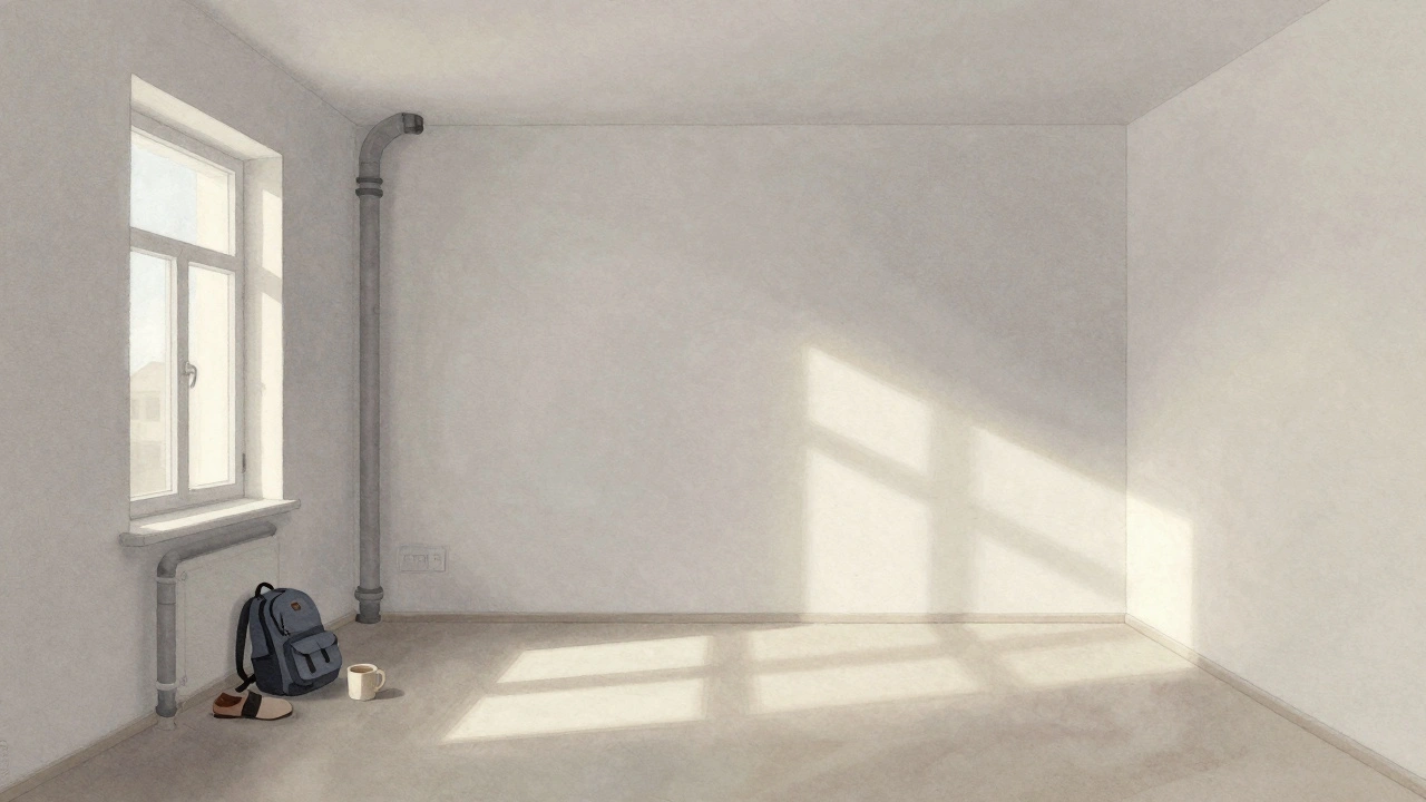 Prázdný nezařízený byt s jedinými osobními věcmi u dveří a dlouhými stínůmi od okna.