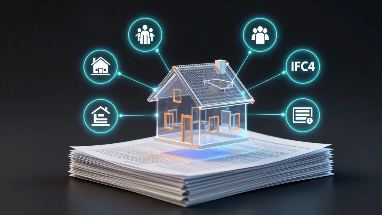 Průhledný BIM model domu nad papírovými dokumenty s digitálními spojkami k regulacím.