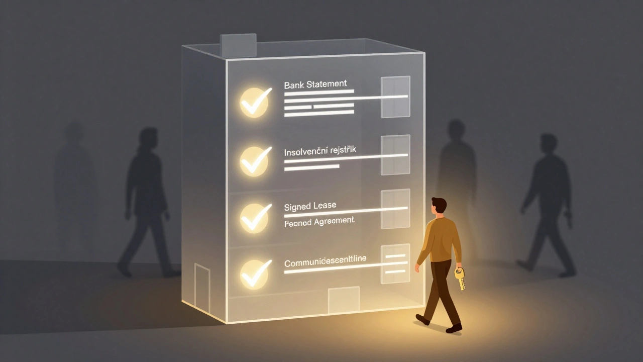 Průhledný byt s označenými kroky pro výběr spolehlivého nájemce a odstraňování rizik.