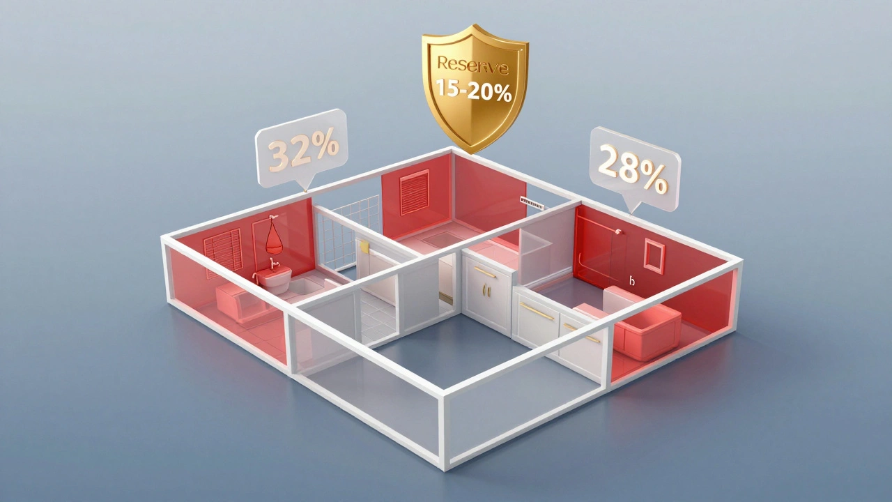 Průhledný plán bytu s červenými varováními na koupelně a kuchyni a zlatou rezervou.
