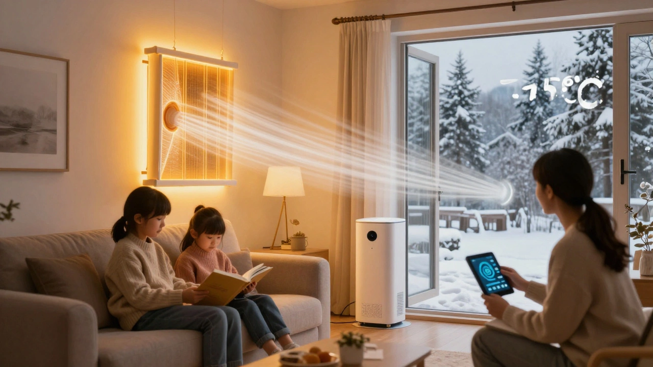 Rodina v teplém domě zimního dne s čistým vzduchem a bez otevřených oken.