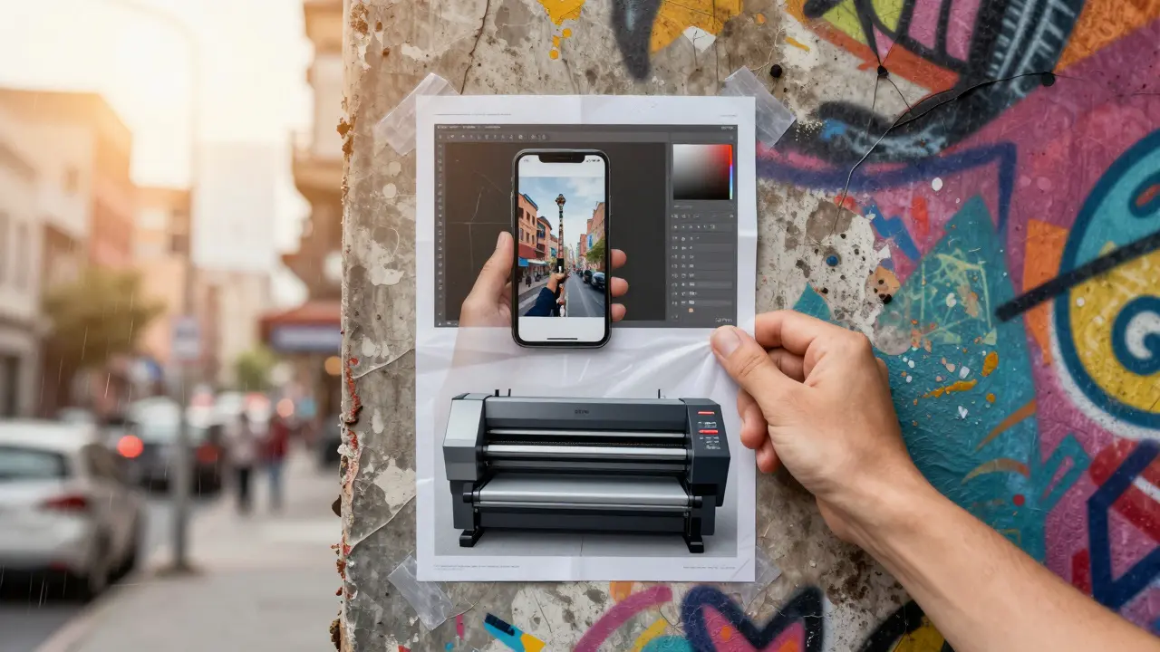 Ruka připevňuje plakát na zeď, s přehledem jeho výrobního procesu.