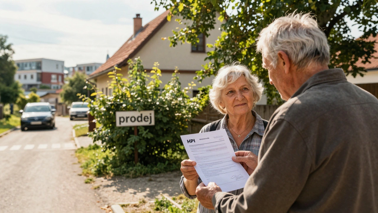 Starší pár drží v rukách tisknutý index cen nemovitostí před svým domem, v pozadí viditelná nová stavební oblast.