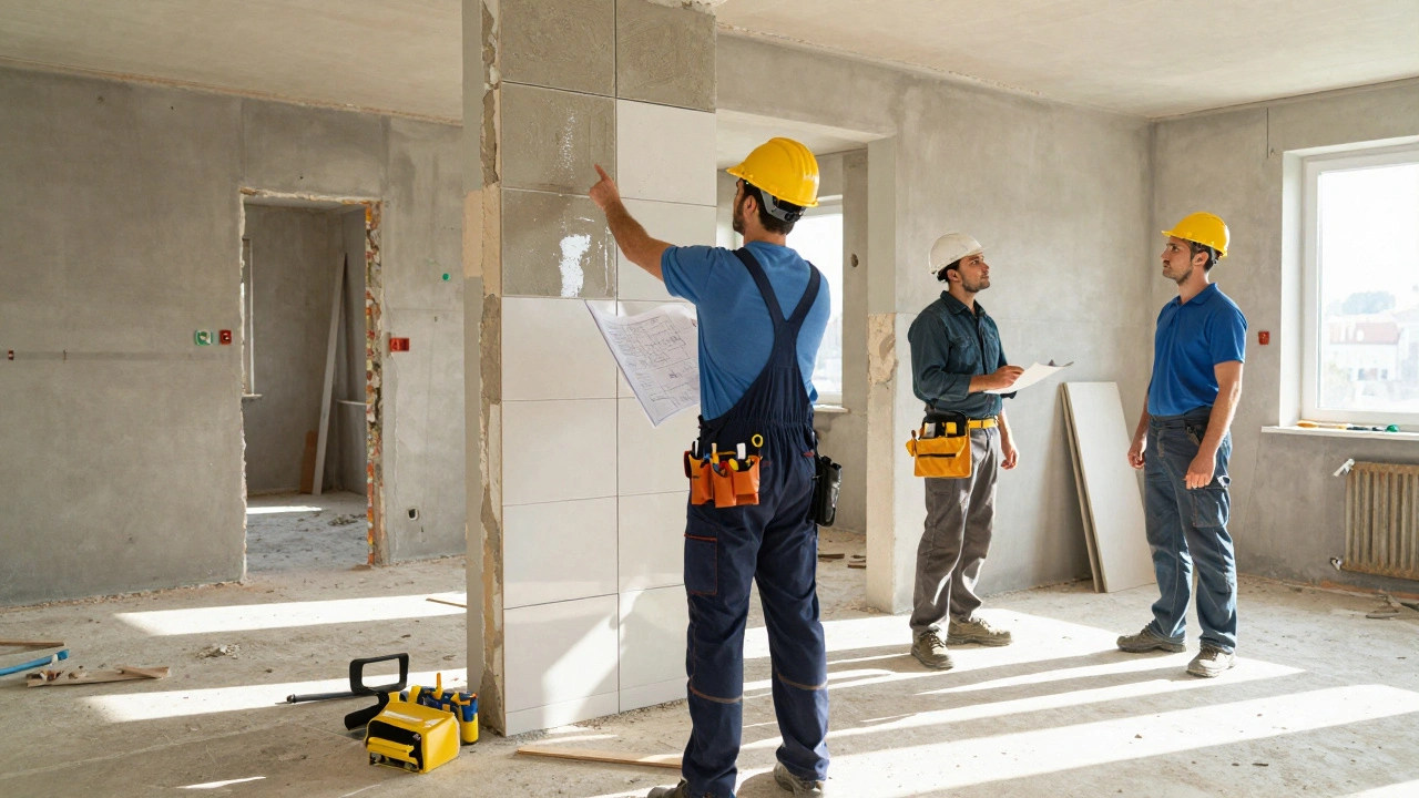 Stavbyvedoucí kontroluje hydroizolaci v polovičně přestavěném bytě s pracovníky na pozadí.
