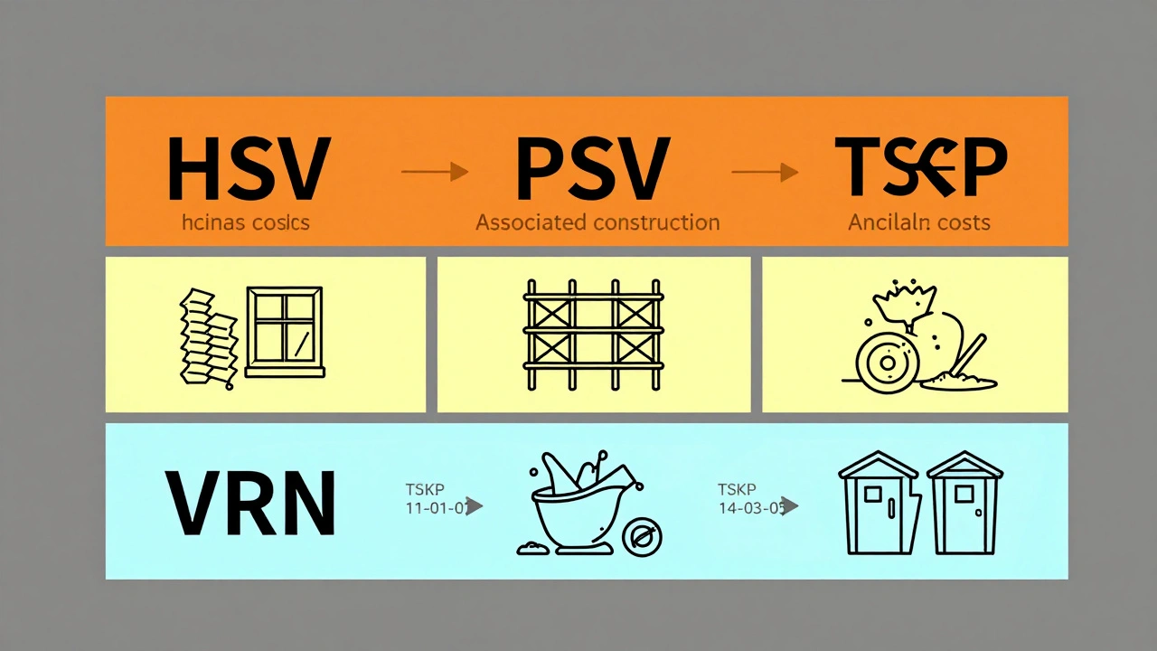 Technický diagram rozpočtu s částmi HSV, PSV a VRN a kódy TSKP.