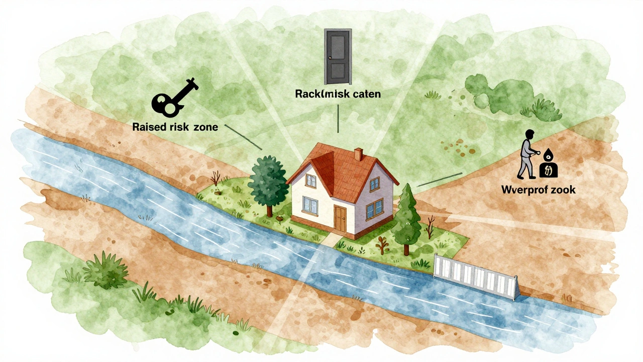 Vizualizace čtyř zón povodňového rizika kolem domu s ochrannými opatřeními.
