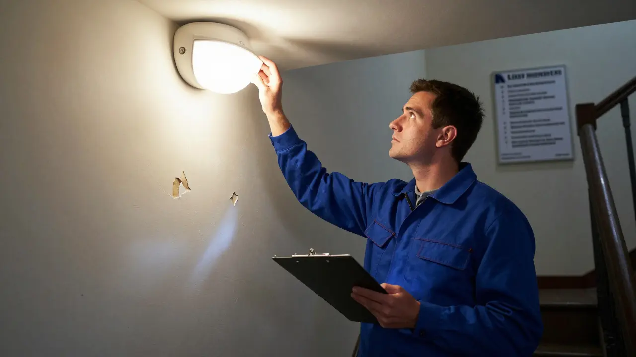 Vlastník bytu kontroluje osvětlení a stav chodby v bytovém domě.