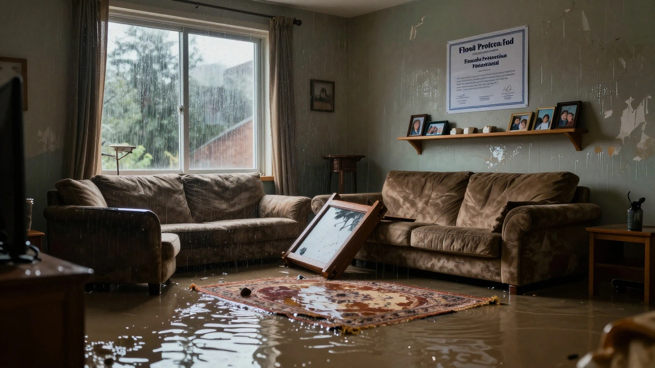 Zaplavěný byt s vysušeným certifikátem protipovodňových úprav na zdi.