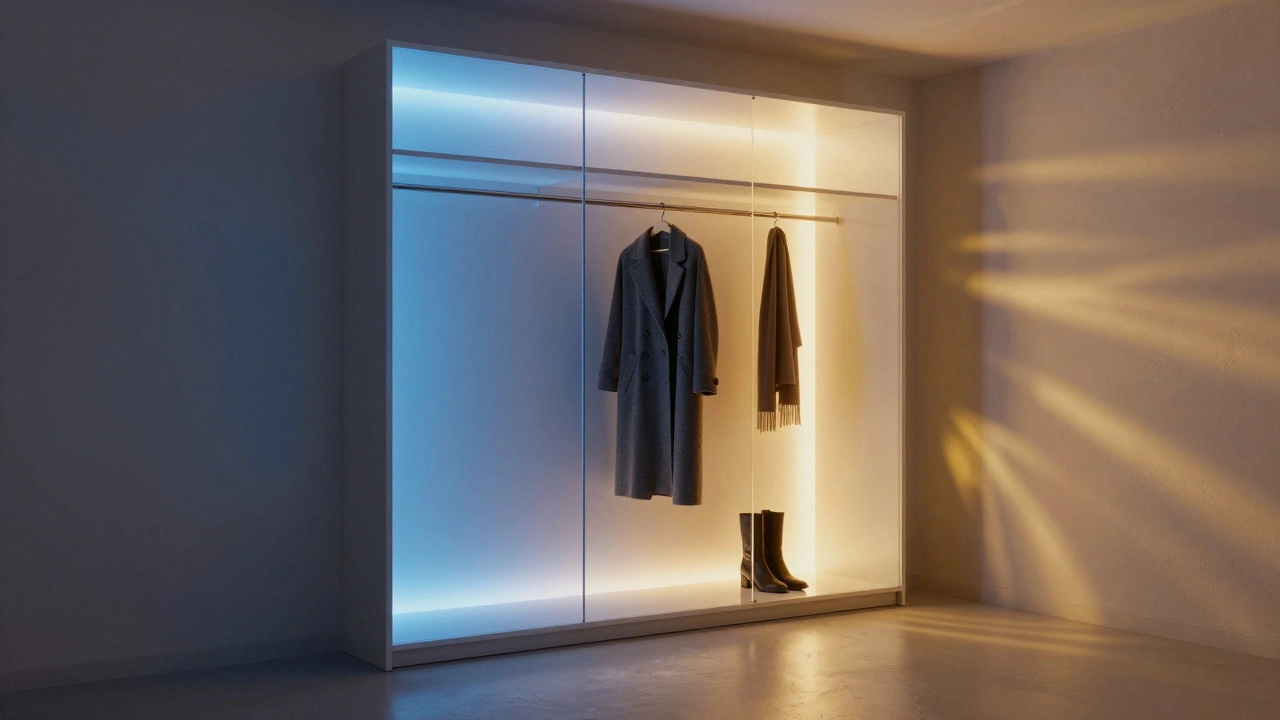 Zrcadlová skříň s měnícím se světlem, symbolizující denní cyklus.