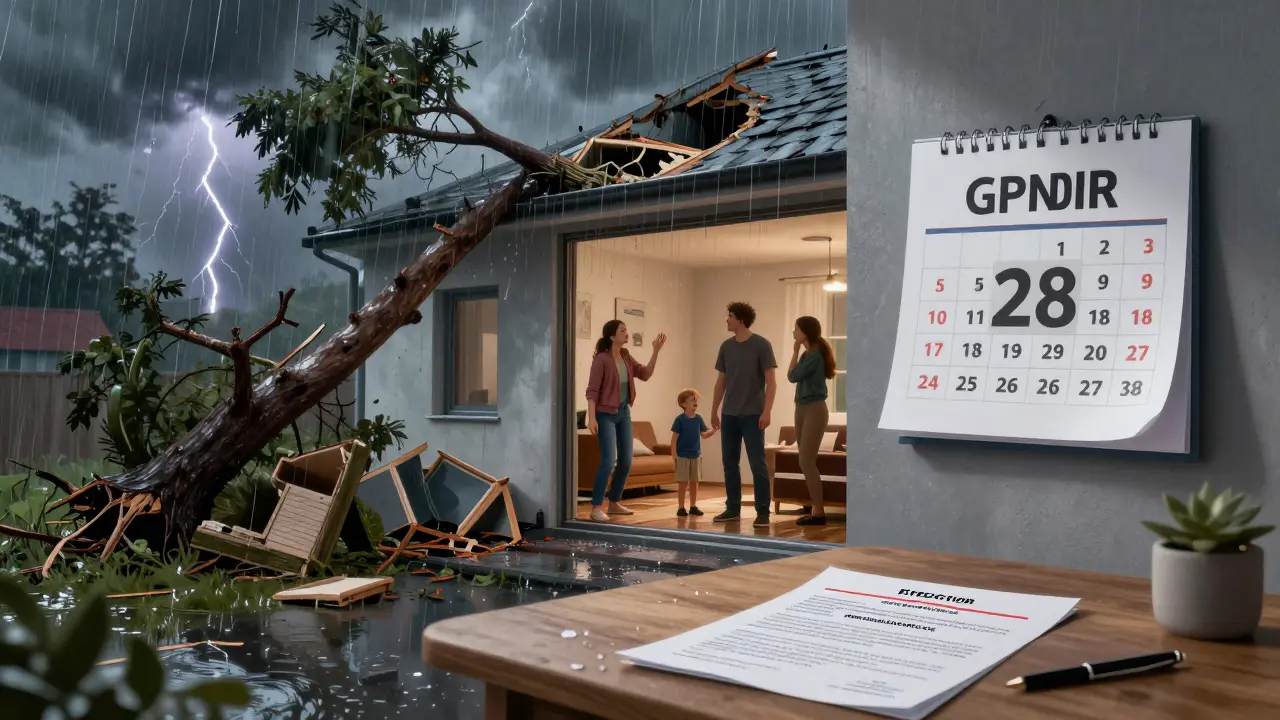 Byt poškozený padajícím stromem během bouře, rodina v šoku uvnitř, na zdi kalendář s datem podepsání smlouvy.