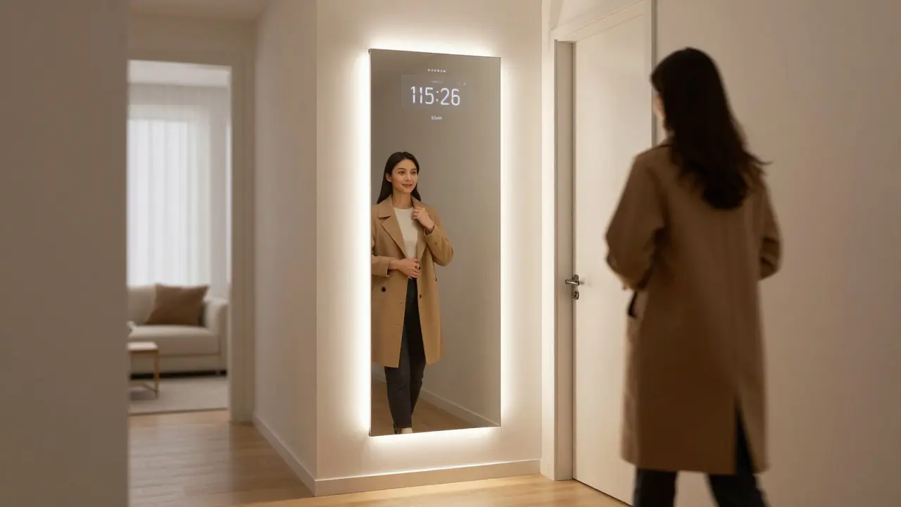 Chytré zrcadlo s LED osvětlením na konci chodby, odrazující člověka a rozšířený prostor.