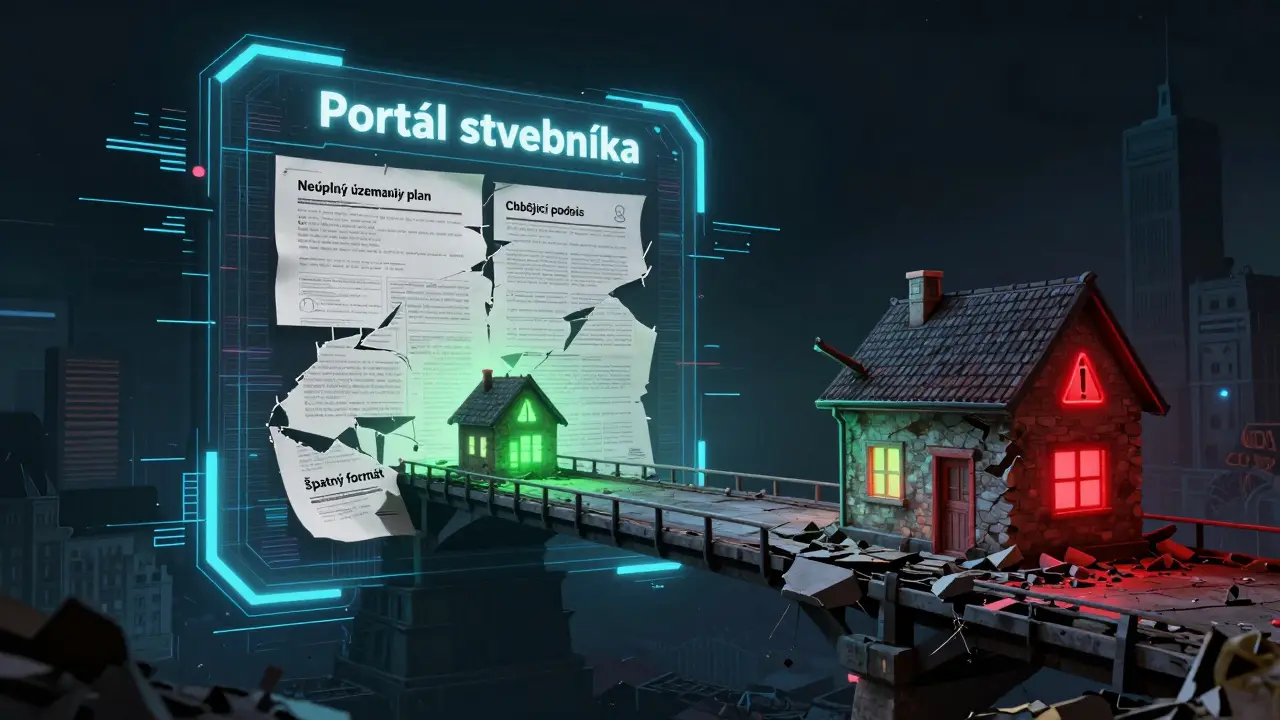 Digitální portál s mostem z dokumentů, kde chyby zničily most, zatímco malý dům je bezpečný v zeleném světle.