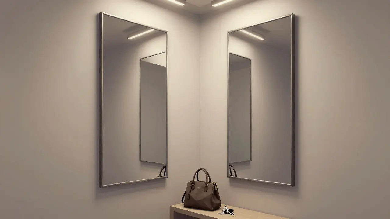 Dvě menší zrcadla naproti sobě v úzké chodbě, vytvářející iluzi hloubky.