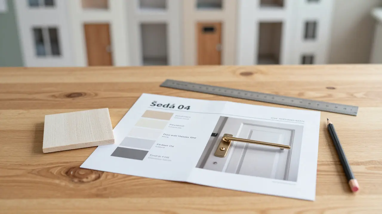 Interiérový návrhový manuál s vzorky dlažby, barvy a rukojeti na dřevěném stole.