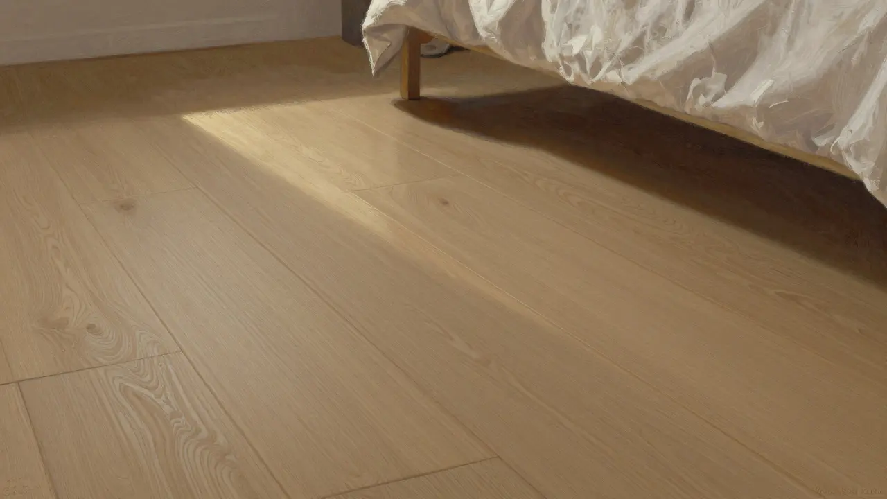 Korková podlaha v ložnici s přirozenou texturou a měkkým měsíčním světlem.