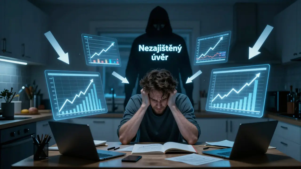 Muž u stolu s financiálními grafy a stínem dluhu, symbolizující riziko nezajištěného úvěru.