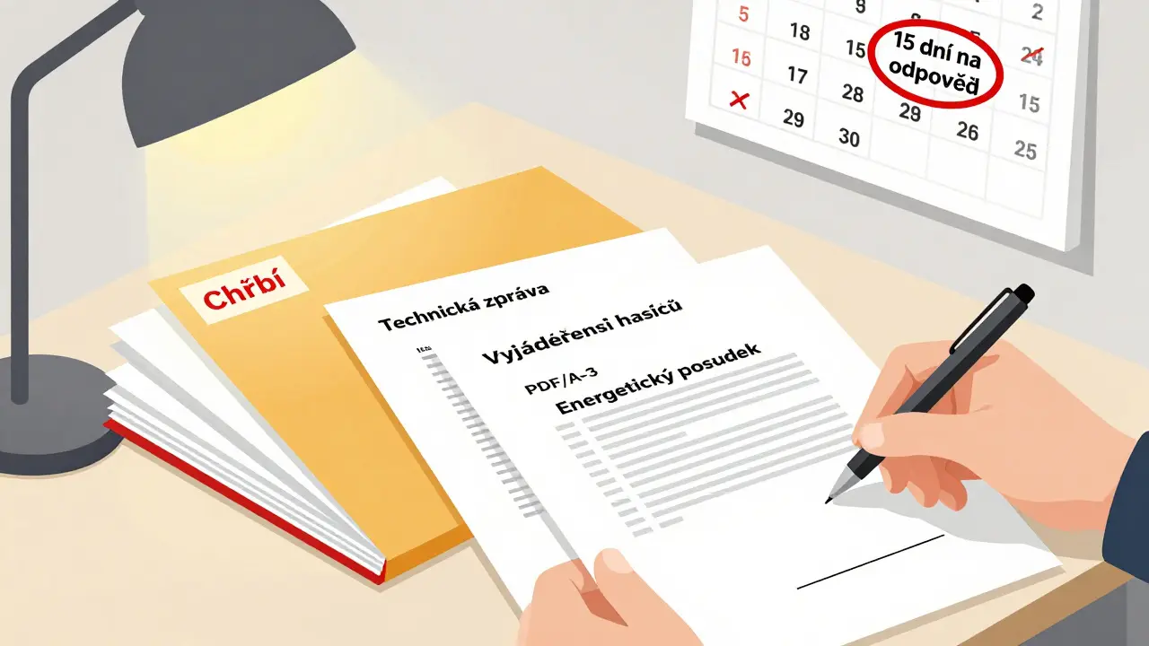 Na stole leží dokumenty pro stavební povolení, jeden je označen červeně jako chybějící, tužka na okraji.