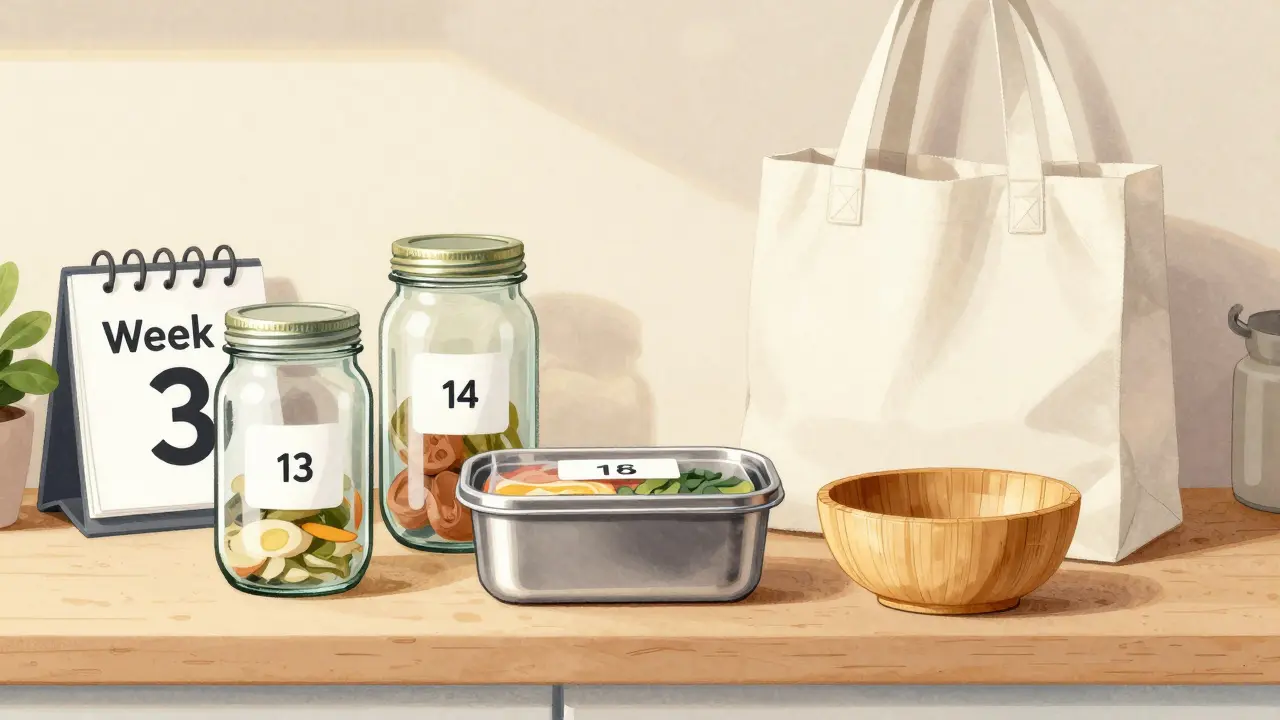 Nádoby na poličce s daty a košťátkem, symbolizující udržitelné uchovávání jídel