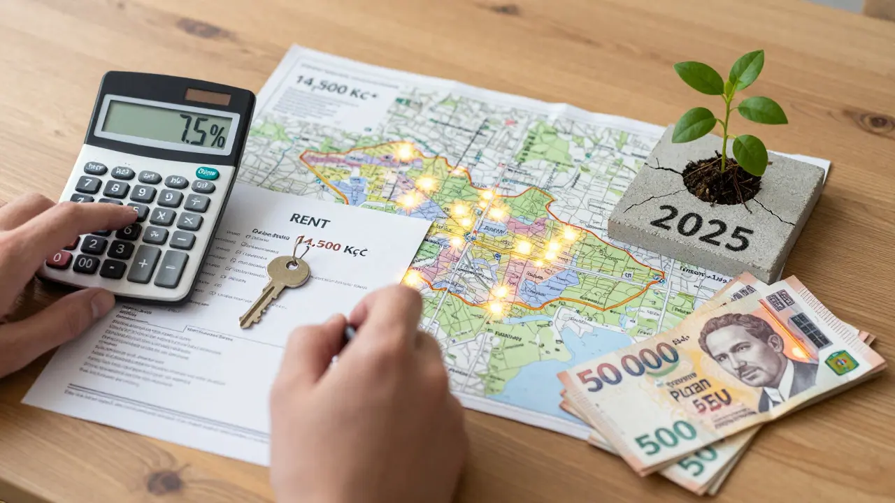 Nástroje investora: kalkulačka, klíč, nájemný lístek a mapa ČR s výnosnými městy.