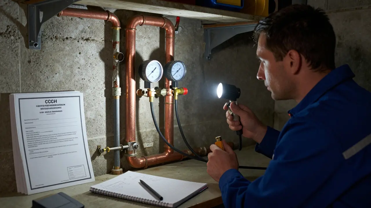 Odborník prohlíží korozi měděných plynových potrubí v technickém prostoru bytového domu.