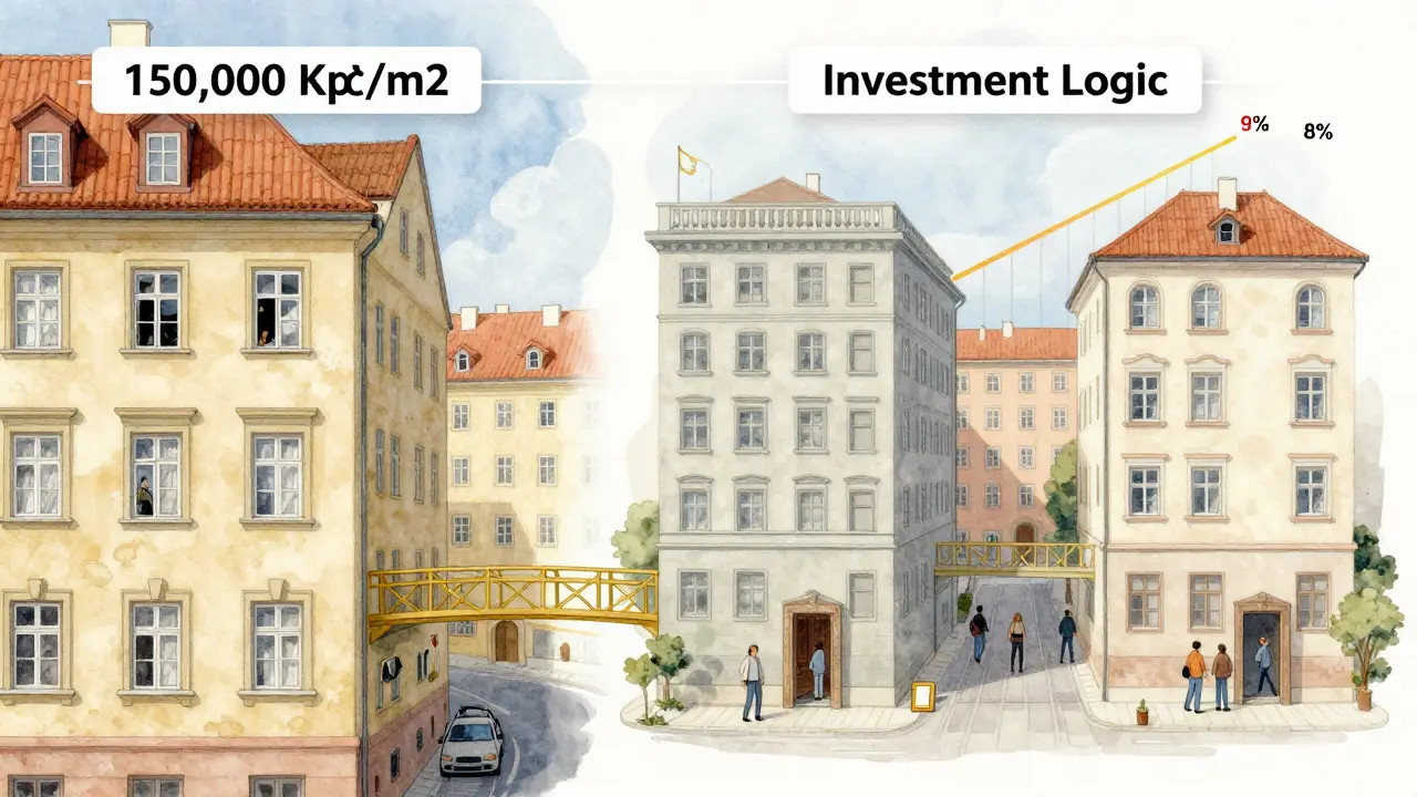 Porovnání cen bytů v Praze a Ostravě s grafem nájemního výnosu.