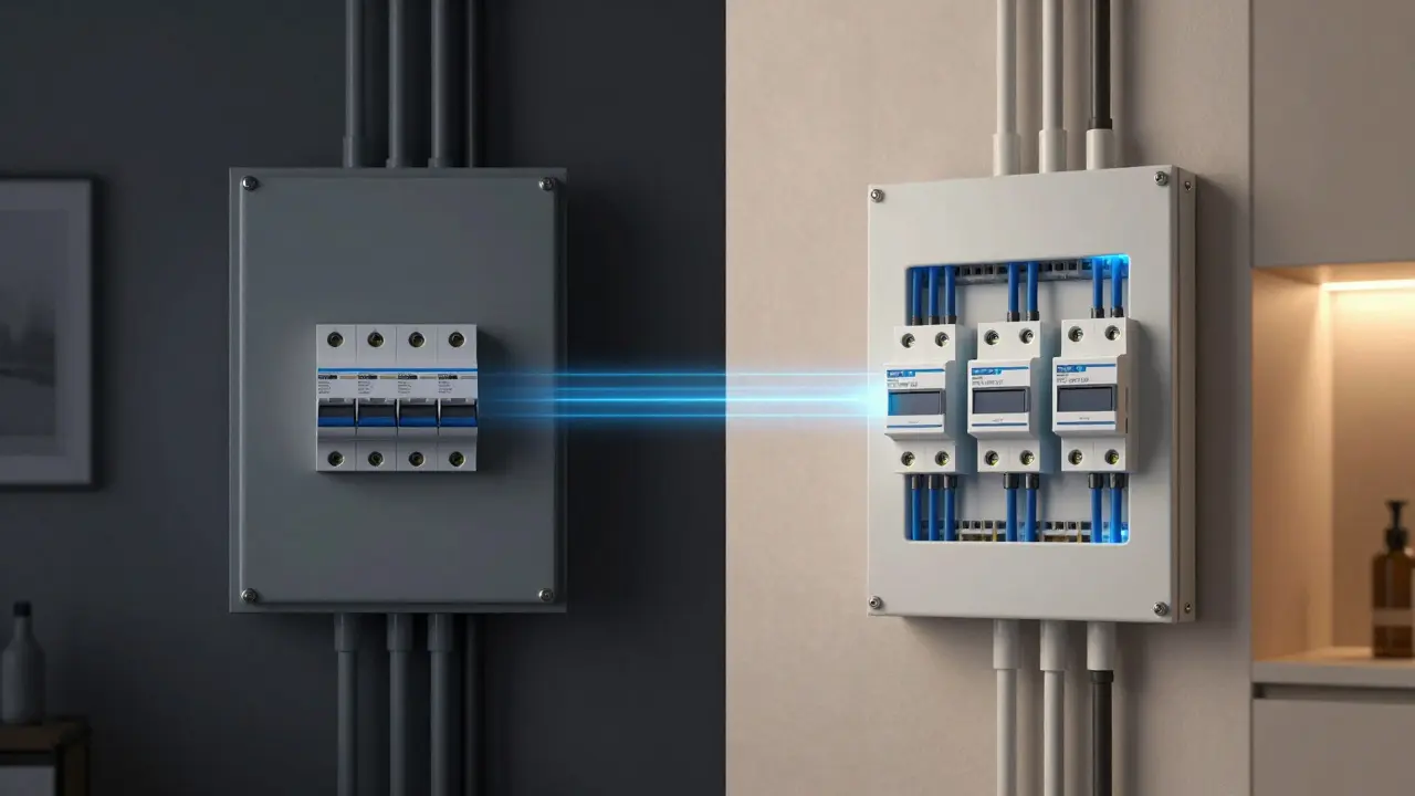 Porovnání staré a nové elektroinstalace: jednoduchý jistič vs. více samostatných obvodů s datovými kabely.
