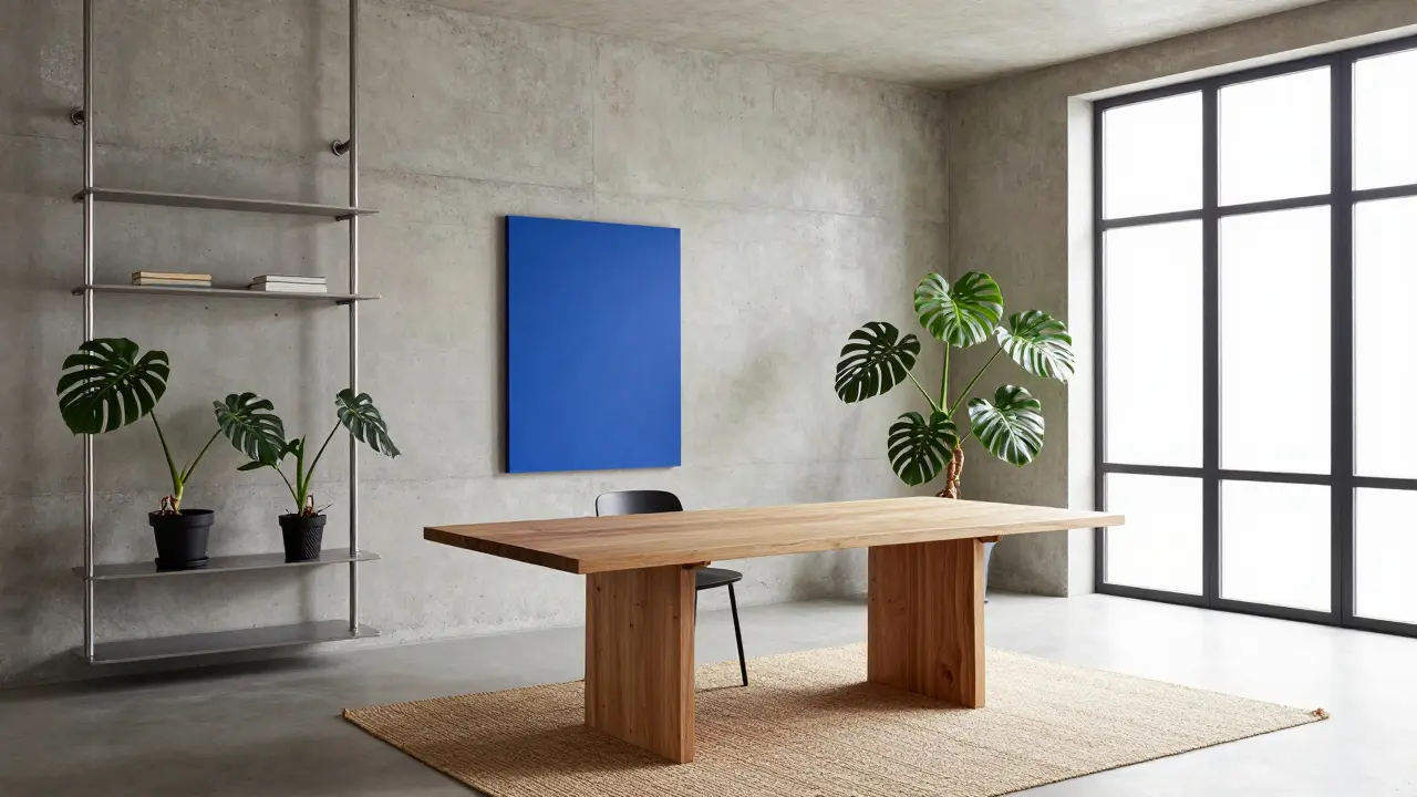 Průmyslový styl s betonovými stěnami, dubovým stolem a rostlinami, s akcentem modré stěny a jutovým koberecem.