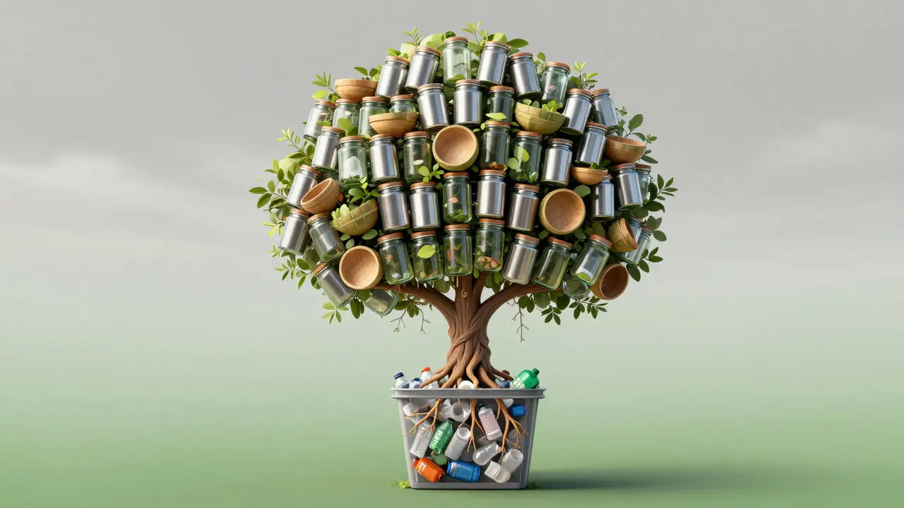 Strom z recyklovaných nádob, kořeny v odpadkovém koši s plastem