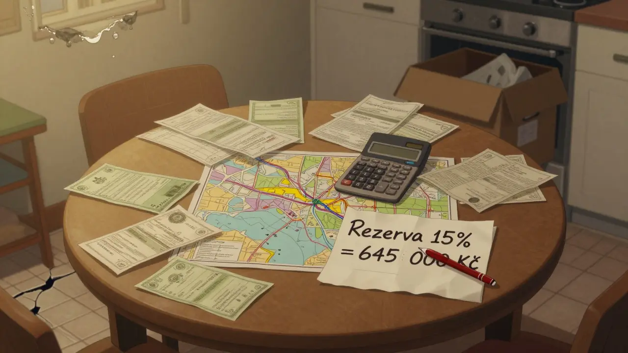 Stůl v bytě s papíry, kalkulačkou a seznamem skrytých nákladů na opravy.