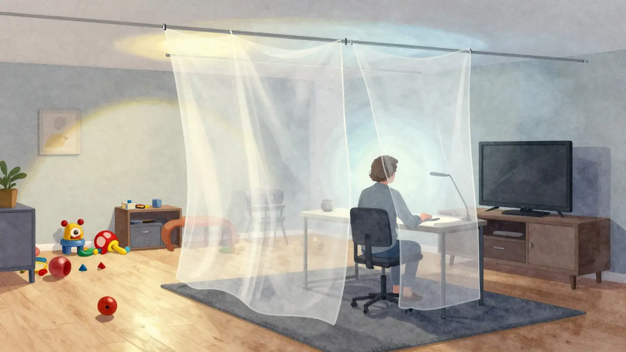 Textilní závěs a rozdílné podlahy symbolizují přechod mezi pracovním a domácím režimem.