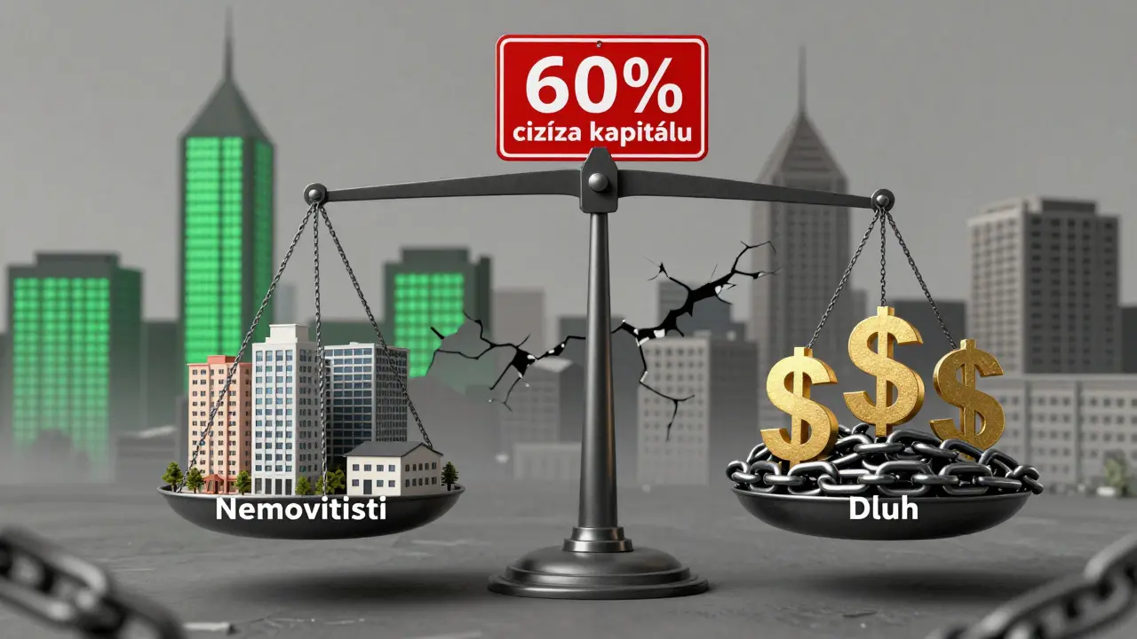 Váhající váha mezi nemovitostmi a dluhem, s varováním o překročení 60 % cizího kapitálu.