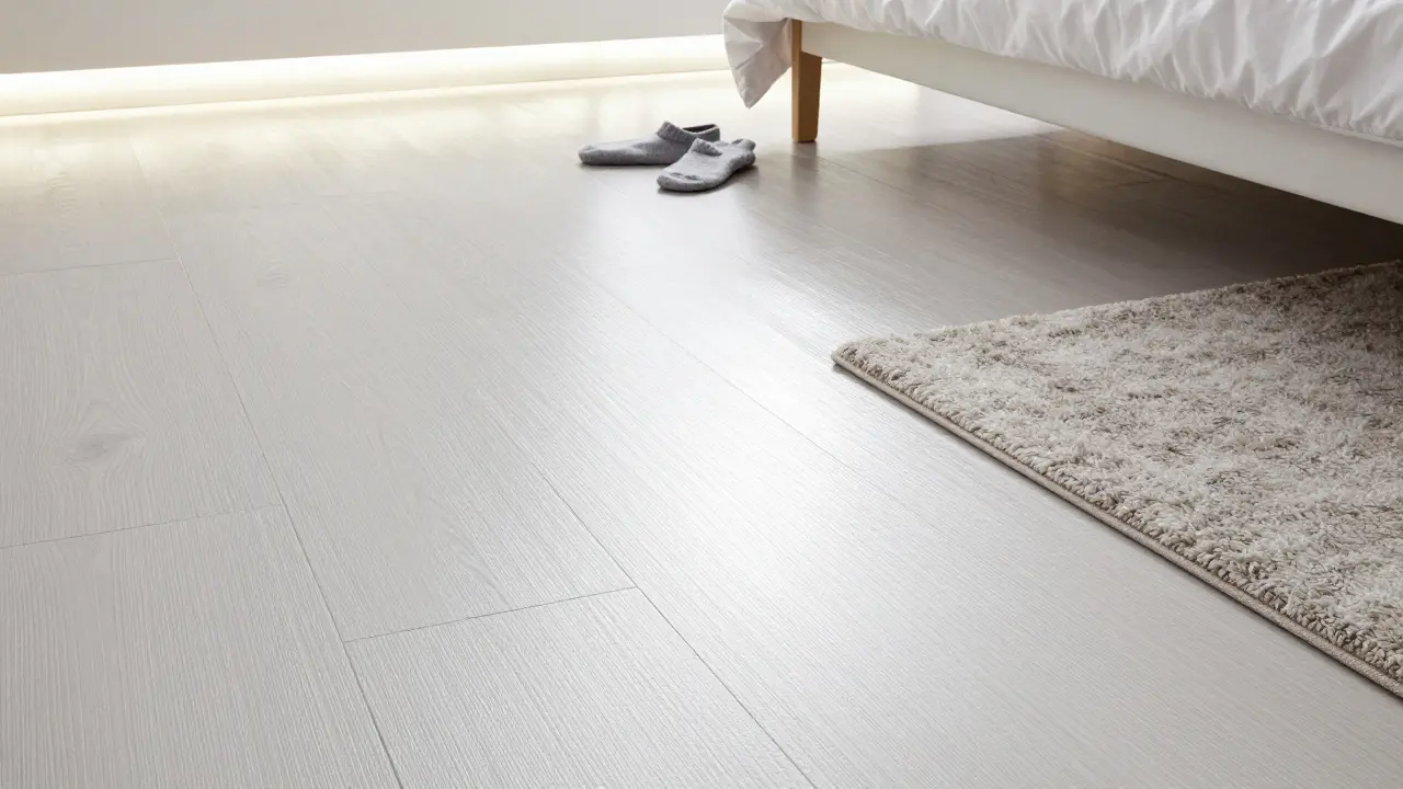 Vinylová podlaha v ložnici s tichým, měkkým povrchem a moderním osvětlením.