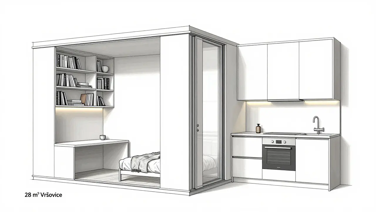 Výklopná stěna v bytě v Vršovicích se přeměňuje z knihovny na pracovní plochu a postel.